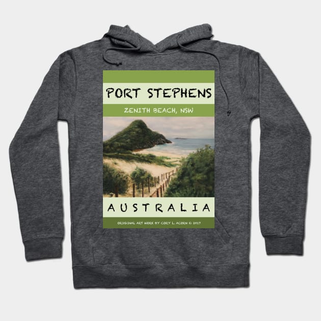 Zenith Beach Travel Poster Hoodie by CoryAcornArt